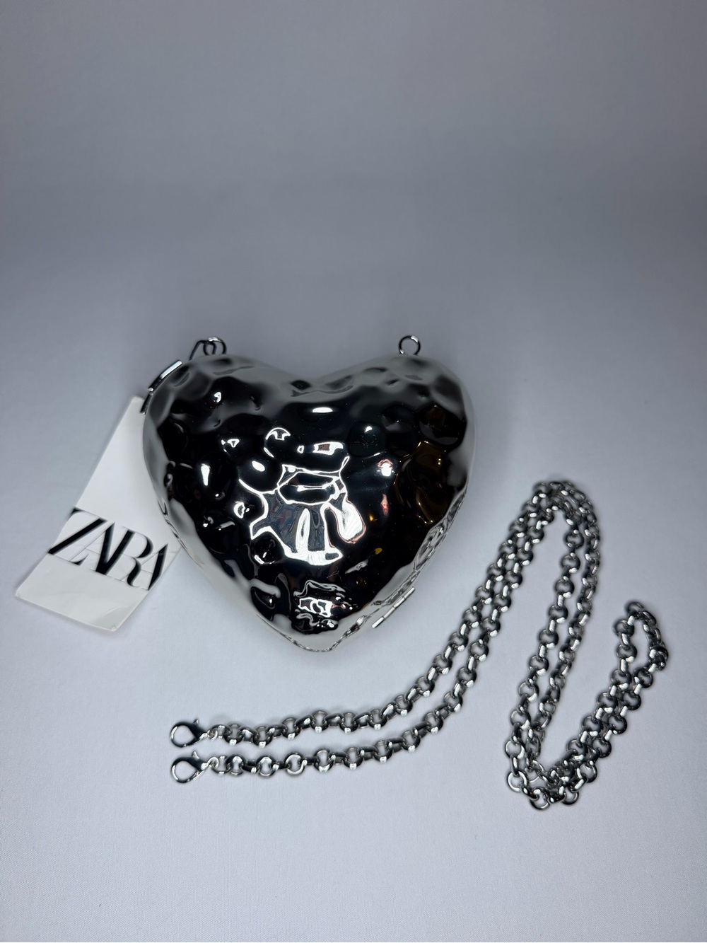 Zara Shiny Heart Mini Crossbody Bag in Silver